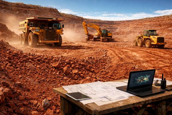 A computer on a table in front of construction vehicles

AI-generated content may be incorrect.